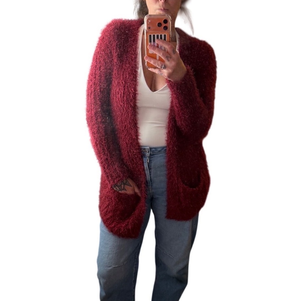 Burgundy Open Front Cardigan Eyelash Knit Sweater Front Pockets Longline Sz S/M